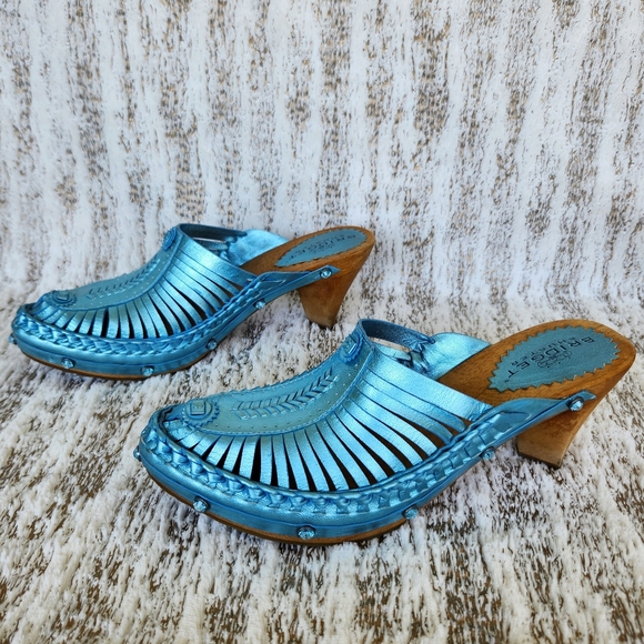 Bridget Shuster "Abba" Metallic Leather Clog Mules Blue Wood | Women's Size 9M - Picture 6 of 13